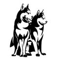 Black vector outline of siberian husky dog sitting and standing