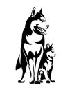 Black vector outline of standing siberian husky sled dog and her puppy Royalty Free Stock Photo