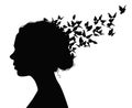 Black vector portrait of a woman with butterflies flying from her hair Royalty Free Stock Photo