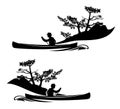 Black vector silhouette of man rowing in canoe boat and pine tree shore Royalty Free Stock Photo