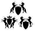 Black vector silhouette of pair of unicorn horses rearing up with royal heraldic shield
