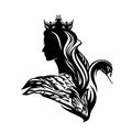 black vector silhouette portrait of fairy tale princess with her magic swan bird Royalty Free Stock Photo