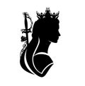 Black vector silhouette portrait of fairy tale princess warrior with epee sword, rose flower decor and long hair