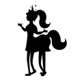 Black silhouette girl unicorn with mane and horn. Unicorn sticker on rainbow background. Unicorn sticker, patch badge.