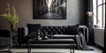 Black velvet elegant sofa. Interior design of modern living room Royalty Free Stock Photo