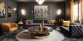 Black velvet tufted sofas and yellow leather chair in classic room with black walls. Art deco interior design of modern living