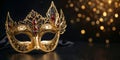 Black Venetian mask with gold decorations on a glittery background Royalty Free Stock Photo