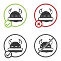 Black Viking in horned helmet icon isolated on white background. Circle button. Vector