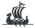 black viking ship icon with sail and oars.