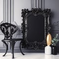 Black vintage ornate frame in classic style. Dark gothic royal frame in the room. Royalty Free Stock Photo