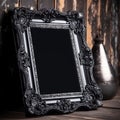 Black vintage ornate frame in classic style. Dark gothic royal frame in the room. Royalty Free Stock Photo