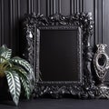 Black vintage ornate frame in classic style. Dark gothic royal frame in the room. Royalty Free Stock Photo