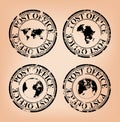 vector vintage post stamps with map of the world Royalty Free Stock Photo