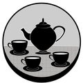 The black vintage teapot and three black cups of tea on the grey background