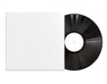 Black Vinyl Disc. Vintage LP Vinyl Record with White Cover Sleeve and White Label Isolated on White Background. Royalty Free Stock Photo