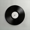 Black vinyl record on gray background. Classic music format. Retro style. Isolated object. 3D rendering. Studio shot. Digital