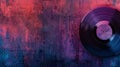 a black vinyl record sitting on a wooden table gradient of purple and red Royalty Free Stock Photo