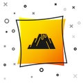 Black Volcano eruption with lava icon isolated on white background. Yellow square button. Vector