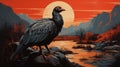 Psychedelic Illustration Of A Black Vulture In A Vibrant Desert Landscape