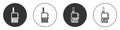 Black Walkie talkie icon isolated on white background. Portable radio transmitter icon. Radio transceiver sign. Circle button. Royalty Free Stock Photo