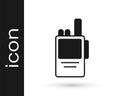 Black Walkie talkie icon isolated on white background. Portable radio transmitter icon. Radio transceiver sign. Vector Royalty Free Stock Photo