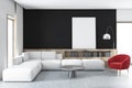 Black wall living room, white sofa, poster Royalty Free Stock Photo