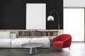 Black wall living room, white sofa, poster close up Royalty Free Stock Photo