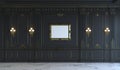 Black wall panels in classical style with gilding. 3d rendering