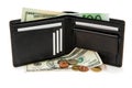 Black wallet, banknotes and coins isolated Royalty Free Stock Photo