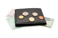 Black wallet, banknotes and coins isolated Royalty Free Stock Photo