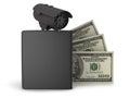 Black wallet, dollar bills and videosurveillance camera
