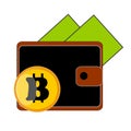 Black wallet wallet from it I look out two banknotes of green dollar bills, at the bottom is a coin Bitcoin yellow