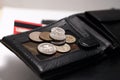 Black wallet, leather diary and coins.