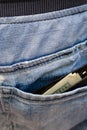 Black wallet with money, sticking out of the back pocket of th