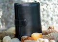 Black wallet and seashells on a silver background. blurred focus Royalty Free Stock Photo