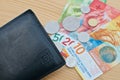 Black wallet and Swiss currency