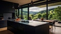 Black walls modern kitchen with large kitchen island. Interior of a spacious kitchen with panoramic windows in modern Royalty Free Stock Photo