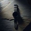 Black watch with a round face and mesh strap rests horizontally on a text Royalty Free Stock Photo
