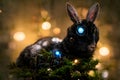 Black water rabbit in cyberpunk style on warm illuminated christmas tree in blurry background - neural network ai generated