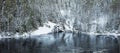 Black water of river under winter forest Royalty Free Stock Photo