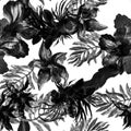 Black Watercolor Decor. White Flower Palm. Seamless Plant. Pattern Textile. Tropical Backdrop. Isolated Background. Fashion Illust