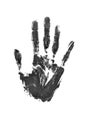 Black watercolor print of human hand on white background isolated closeup, handprint illustration, monochrome palm and fingers