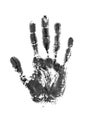Black watercolor print of human hand on white background isolated closeup, handprint illustration, monochrome palm and fingers