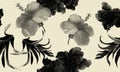 Black Watercolor Texture. White Flower Plant. Seamless Background. Pattern Foliage. Tropical Print. Isolated Garden. Fashion Jungl