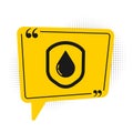 Black Waterproof icon isolated on white background. Water resistant or liquid protection concept. Yellow speech bubble