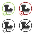 Black Waterproof rubber boot icon isolated on white background. Gumboots for rainy weather, fishing, gardening. Circle