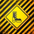 Black Waterproof rubber boot icon isolated on yellow background. Gumboots for rainy weather, fishing, gardening. Warning