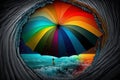 A black wave formed into a tunnel and in the middle a kitesurf umbrella in rainbow colors.