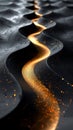 Black wavy background with thin golden path wavy line in abstract art style. 3D rendering