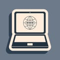 Black Website on laptop screen icon on grey background. Globe on screen of laptop symbol. World wide web symbol